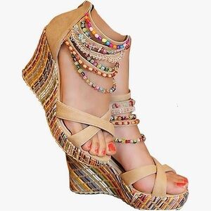 Beaded Tan Wedge Sandals
